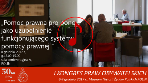 Mem ze zdjęciem prawniczki udzielającej informacji obywatelowi. Znak odtwarzania dżwięku