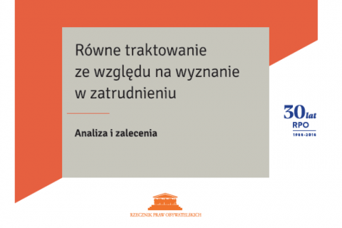 Pomarańczowa okładka z tytułem "Równe traktowanie ze względu na wyznanie w zatrudnieniu"