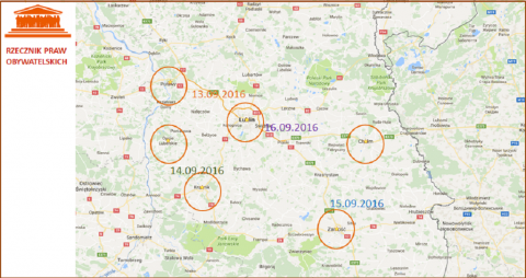 Mapa z zaznaczeniem miejscowości, w których RPO spotyka się z obywatelami