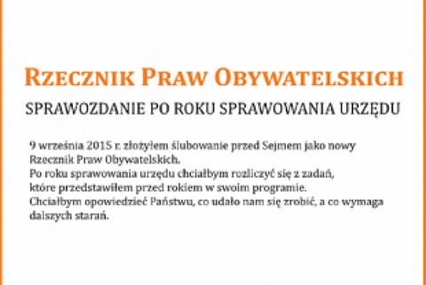 Okładka: Rzecznik Praw Obywatelskich. SPRAWOZDANIE PO ROKU SPRAWOWANIA URZĘDU