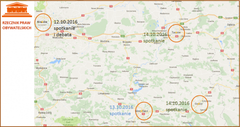 Mapa Małopolski z zaznaczonymi miejscowościami: Kraków, Nowy Sącz, Gorlice, Tarnów