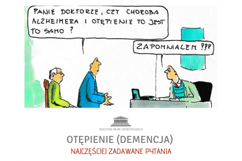 rysunek - pacjent pyta lekarza, czy otępienie i Alzheimer to jest to samo. Lekarz odpowiada - zapomniałem