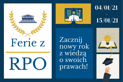 granatowo-żółta plansza zapraszająca do udziału w projekcie Ferie z RPO