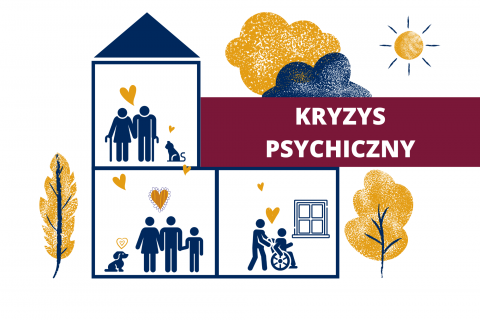 Grafika - ludzie osobno, ale się wspierają. Napis "Kryzys psychiczny"