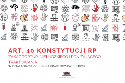 kolorowe piktogramy z napisem - art.40 Konstytucji RP